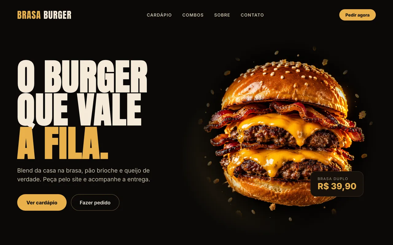 Modelo fictício de site para hamburgueria: fundo escuro e dourado com o burger em destaque